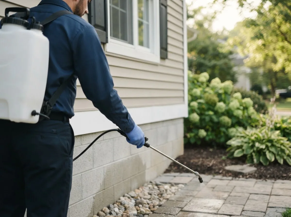 Pest control technician inspecting a home in Interlaken, NY